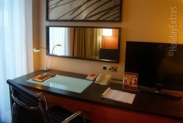 A fully-equipped workspace in a room at the Gatwick Hilton