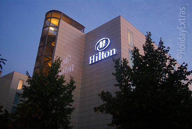 A view of the Gatwick Hilton by night