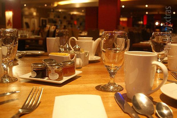 The table layout for breakfast at the Gatwick Hilton Garden restaurant
