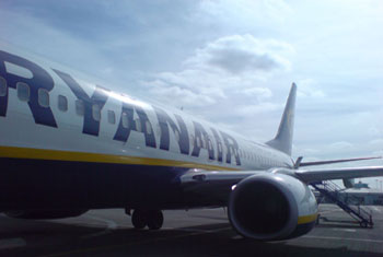 Ryanair plane at Leeds Bradford airport. Used under creative commons license from Simon Grubb